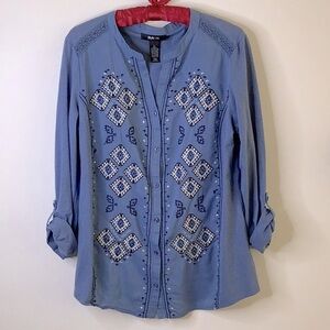 STYLE & CO Embroidered Top L Coastal Granny